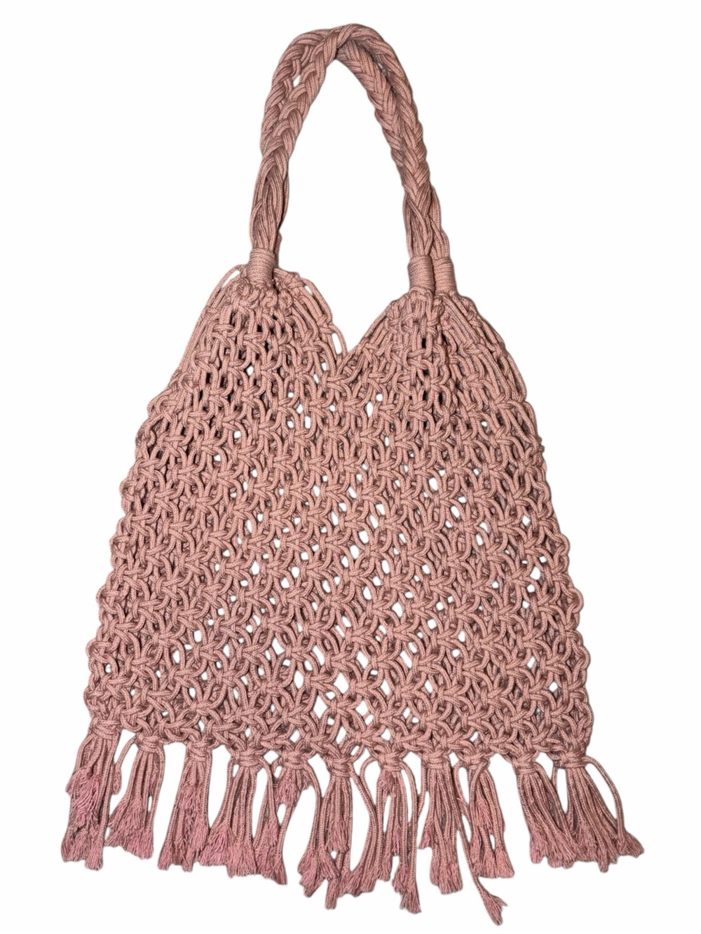 Dusty Rose Macrame Crochet Fringe Shoulder Bag Boho Festival Coastal Sustainable